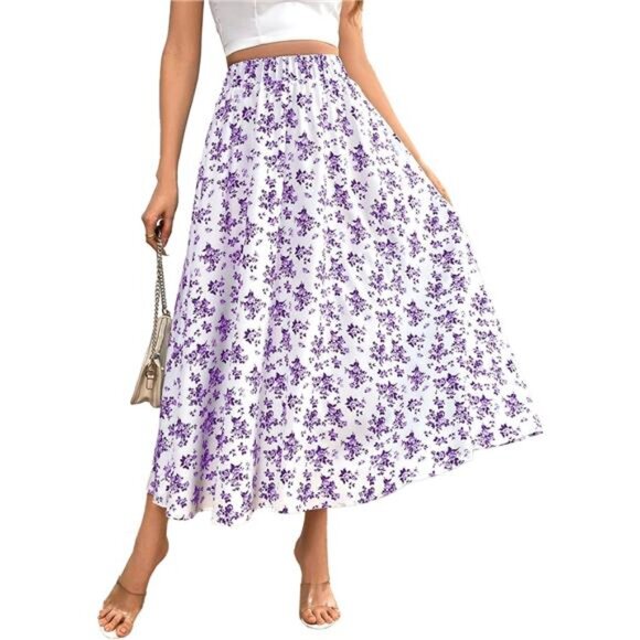 Women's Flowy Elastic High Waist Skirts White Purple - Picture 1 of 4